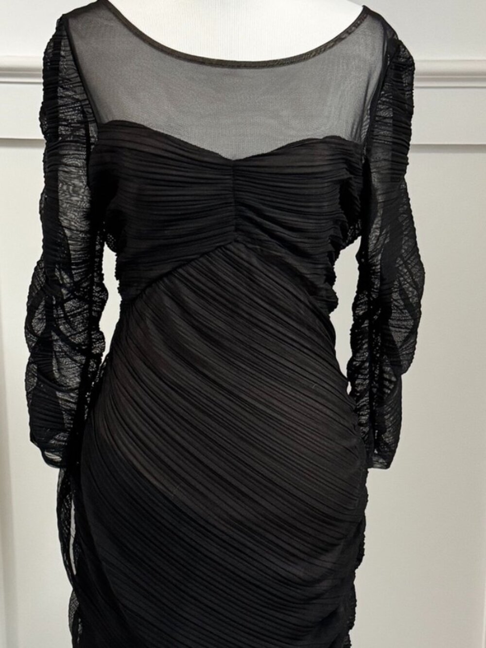 BCBGMAXAZRIA Danika Black Nude Mesh Ruched Dress, Size L, High Quality